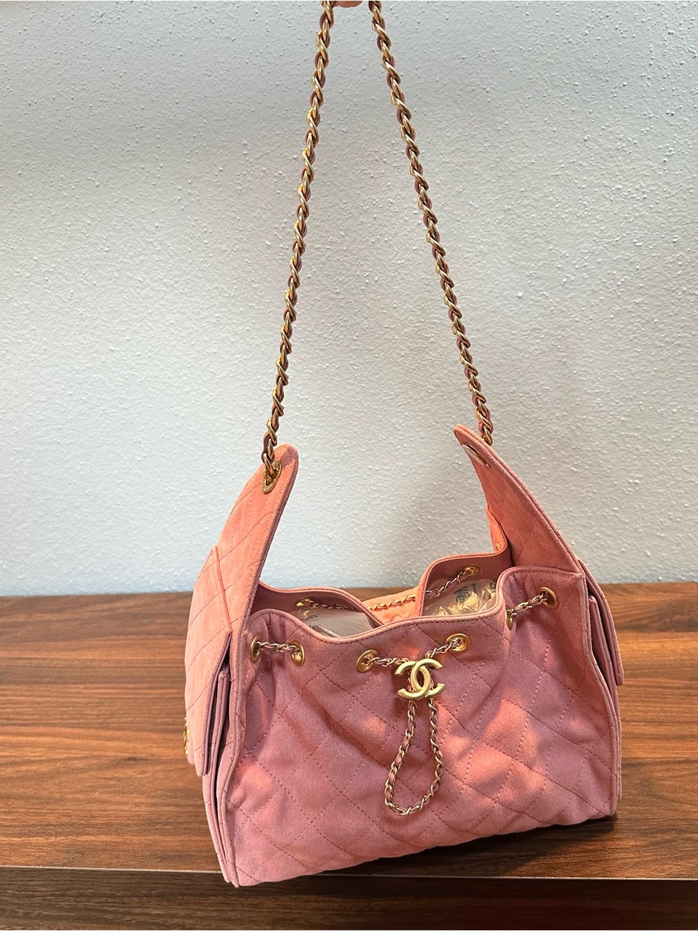CC Baby Pink Suede Quilted Drawstring Chain Shoulder Bag